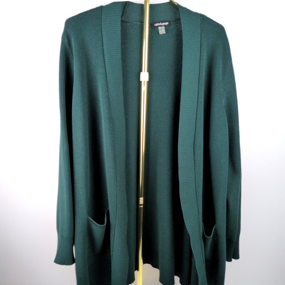 Cable & Gauge Women 2X Cardigan Forest Green Open Front Ribbed Knit Pockets
